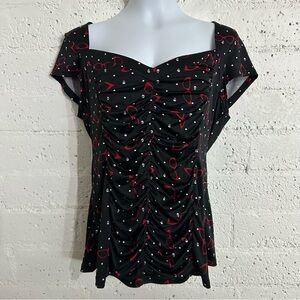 Retro Chic by Torrid Womens Top 0 (0X) Black Red Sunglasses Skulls Ruched Bodice